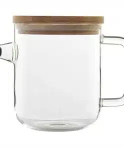 Druppelvrije schenktuit van glazen theepot met natuurlijk bamboe deksel detail