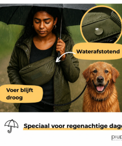 Groene multifunctionele heuptas voor het uitlaten van de hond gedragen tijdens een wandeling