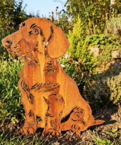 Metalen teckel silhouet met natuurlijke roestlaag in een moderne bloempot op het terras