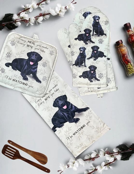 3-delig katoenen keukenset hond inclusief ovenwant pannenlap en keukendoek van Veertjeskadoshop