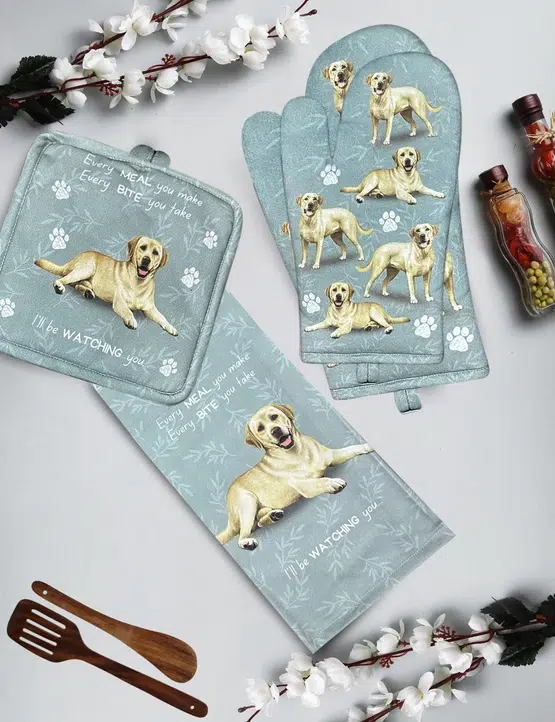 Luxe honden keukenset van 100 procent katoen in de variant Blonde Labrador