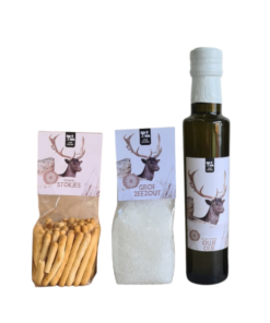 Het complete **culinair cadeaupakket damhert** met olijfolie zeezout en knapperige dipstokjes van Veertjeskadoshop