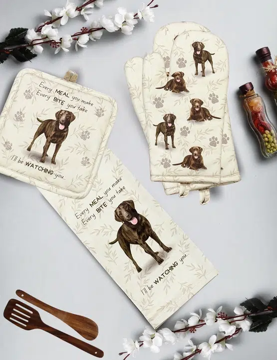 Wasmachine wasbare ovenwant pannenlap en keukendoek met Bruine Labrador print