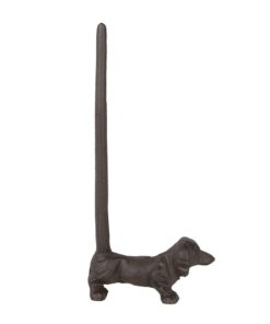 Detail van de bruine metalen honden keukenrolhouder voor op het aanrecht