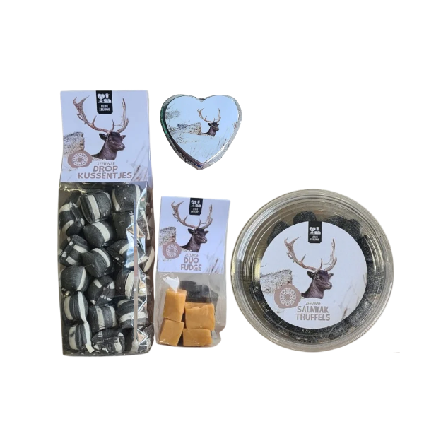 • Het complete **snoeppakket damhert fudge** met chocolade drop en salmiak als kant-en-klaar natuurcadeau bij Veertjeskadoshop