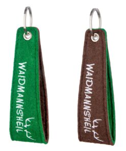 Groene en bruine vilten jachtsleutelhanger met geweimotief en geborduurd Waidmannsheil opschrift.